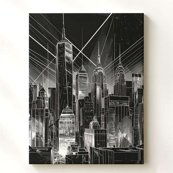 Futuristic City Skyline Canvas – Black-and-White Sci-Fi Architecture with Empire State Building - Gifitto