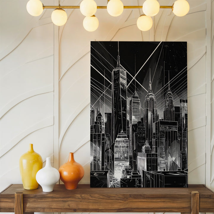 Futuristic City Skyline Canvas – Black-and-White Sci-Fi Architecture with Empire State Building - Gifitto