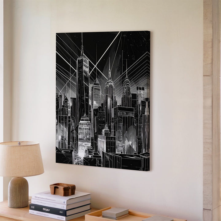 Futuristic City Skyline Canvas – Black-and-White Sci-Fi Architecture with Empire State Building - Gifitto