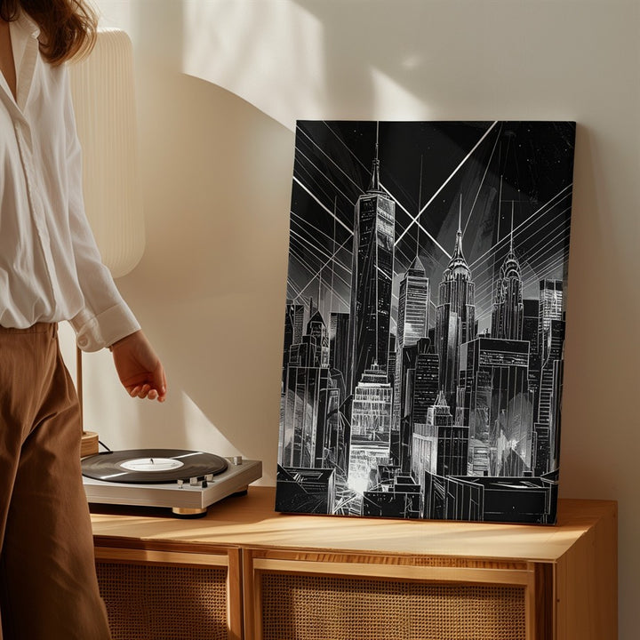 Futuristic City Skyline Canvas – Black-and-White Sci-Fi Architecture with Empire State Building - Gifitto
