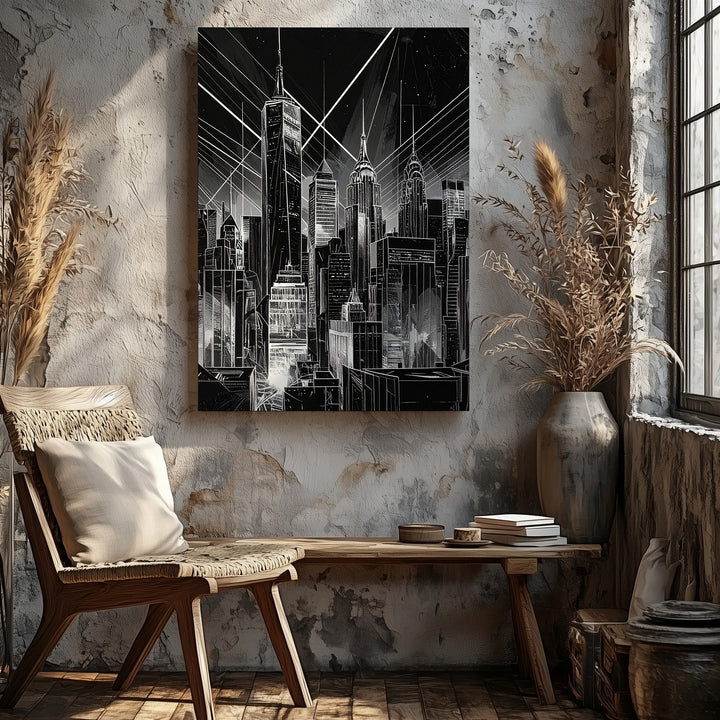 Futuristic City Skyline Canvas – Black-and-White Sci-Fi Architecture with Empire State Building - Gifitto