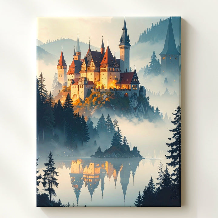Castle Village on a Hill Canvas – Serene Reflection in Calm Lake - Gifitto
