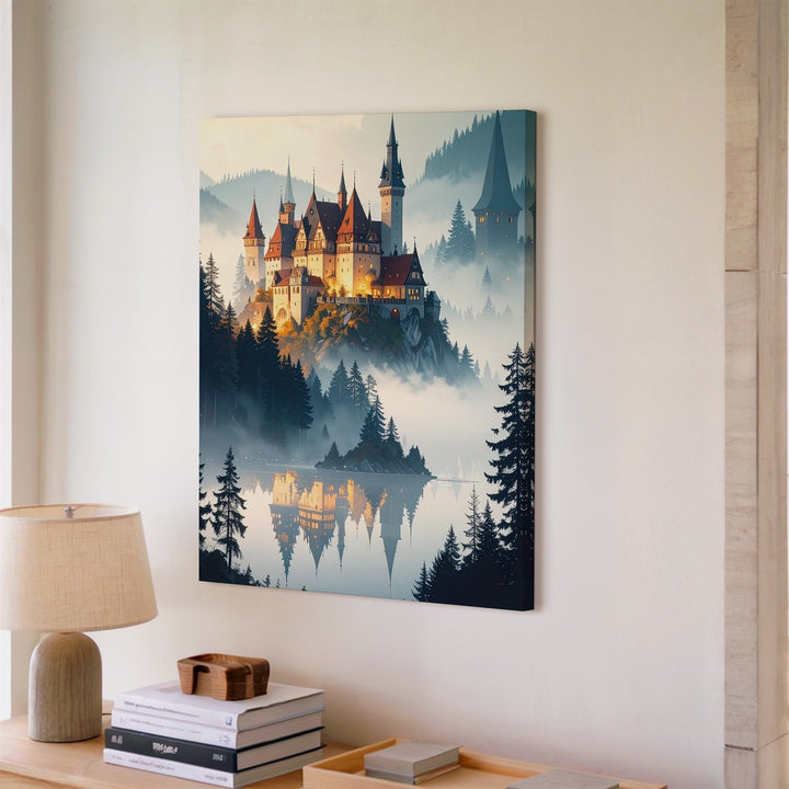 Castle Village on a Hill Canvas – Serene Reflection in Calm Lake - Gifitto