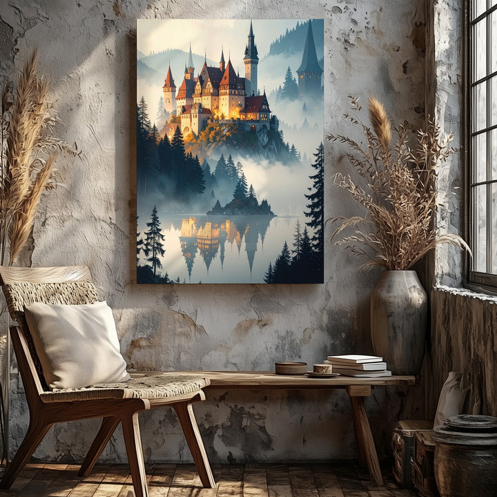 Castle Village on a Hill Canvas – Serene Reflection in Calm Lake - Gifitto