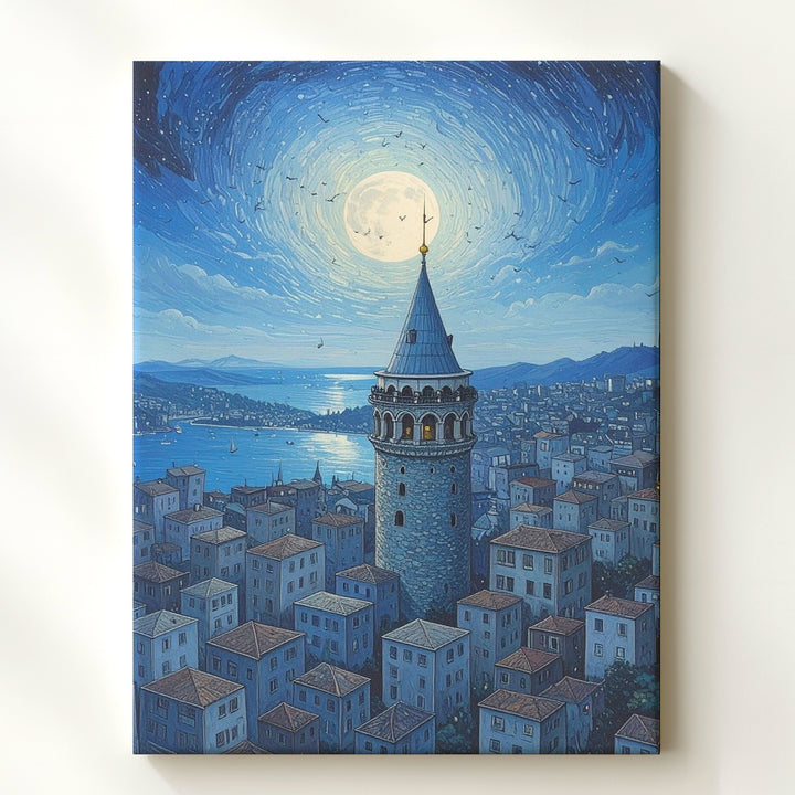 Galata Tower Monochrome Canvas – Surreal Blue Cityscape with Birds and Moon - Gifitto