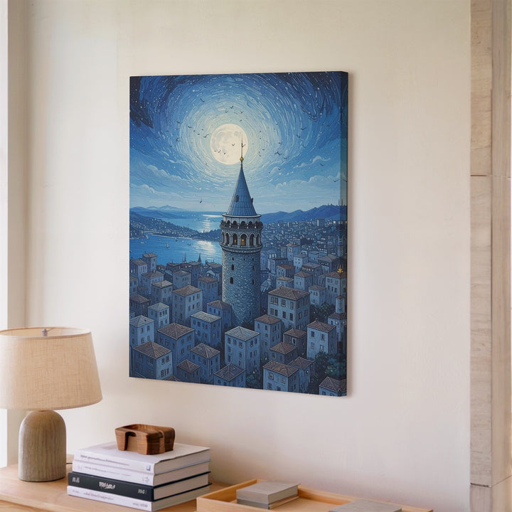 Galata Tower Monochrome Canvas – Surreal Blue Cityscape with Birds and Moon - Gifitto