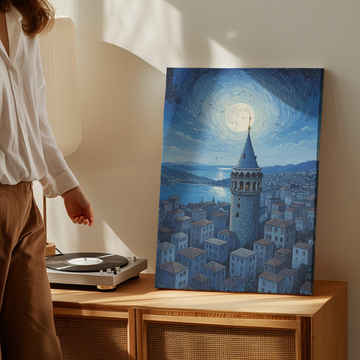 Galata Tower Monochrome Canvas – Surreal Blue Cityscape with Birds and Moon - Gifitto