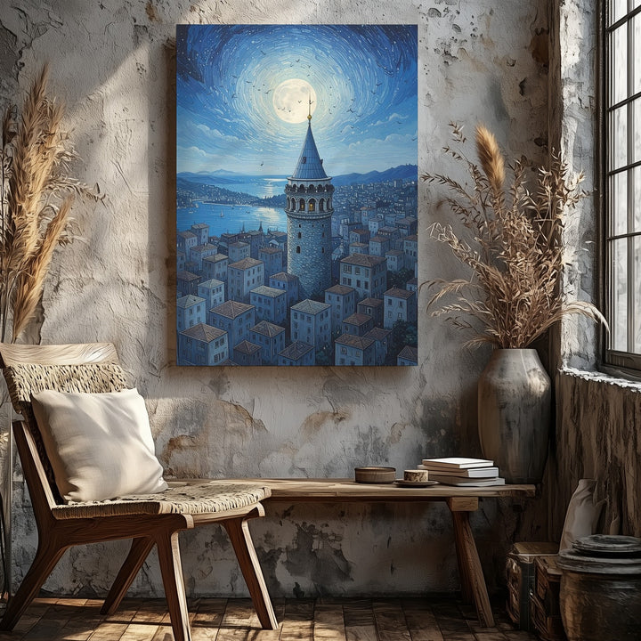 Galata Tower Monochrome Canvas – Surreal Blue Cityscape with Birds and Moon - Gifitto
