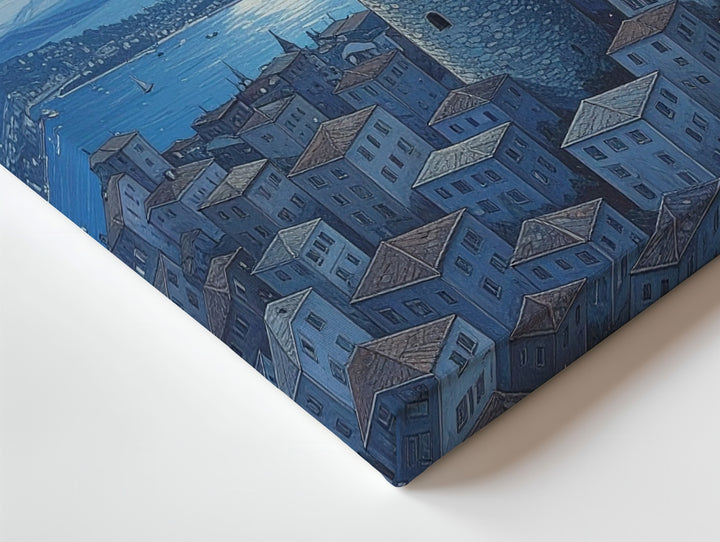Galata Tower Monochrome Canvas – Surreal Blue Cityscape with Birds and Moon - Gifitto