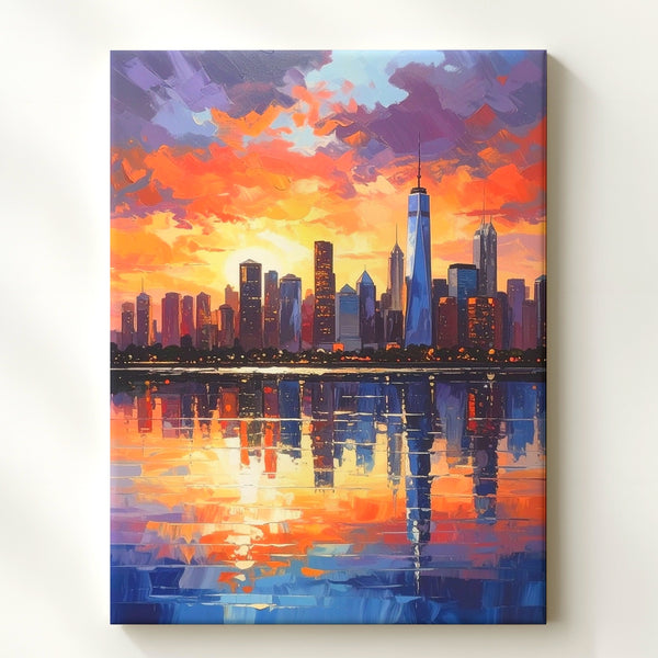Impressionistic Sunset Cityscape Canvas – Skyscrapers Reflected in Water