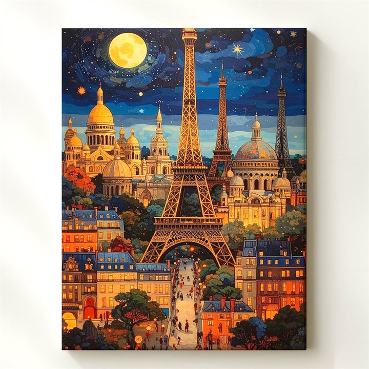 Whimsical Paris Cityscape Canvas – Eiffel Tower, Sacré-Cœur & Magical Night Sky - Gifitto