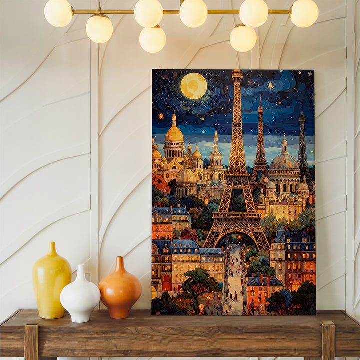 Whimsical Paris Cityscape Canvas – Eiffel Tower, Sacré-Cœur & Magical Night Sky - Gifitto