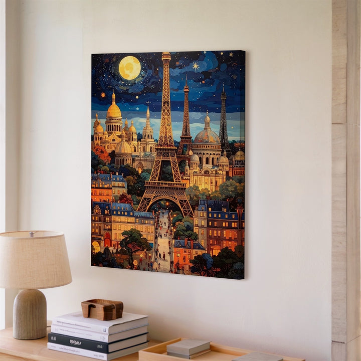 Whimsical Paris Cityscape Canvas – Eiffel Tower, Sacré-Cœur & Magical Night Sky - Gifitto