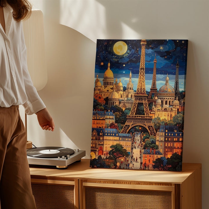Whimsical Paris Cityscape Canvas – Eiffel Tower, Sacré-Cœur & Magical Night Sky - Gifitto
