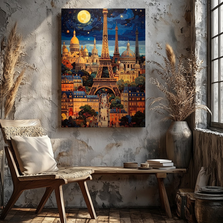 Whimsical Paris Cityscape Canvas – Eiffel Tower, Sacré-Cœur & Magical Night Sky - Gifitto