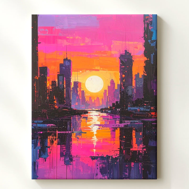 Futuristic Cyberpunk Cityscape Canvas – Neon Skyscrapers at Sunset - Gifitto