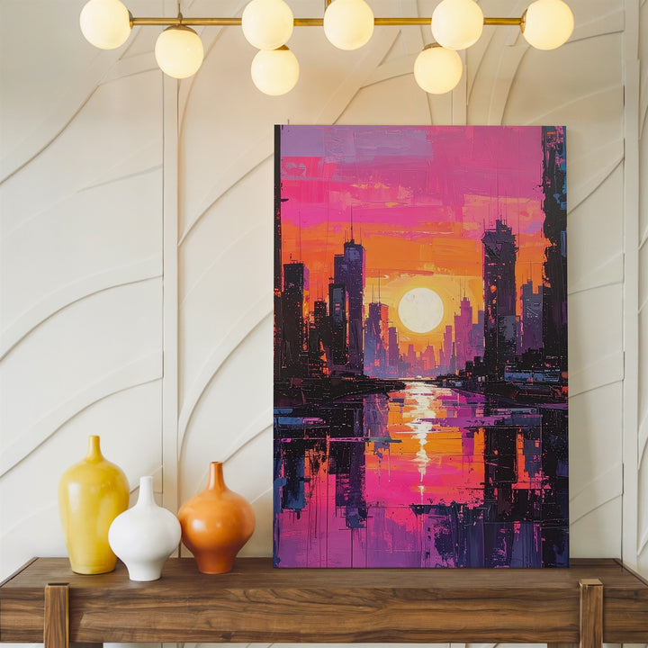 Futuristic Cyberpunk Cityscape Canvas – Neon Skyscrapers at Sunset - Gifitto