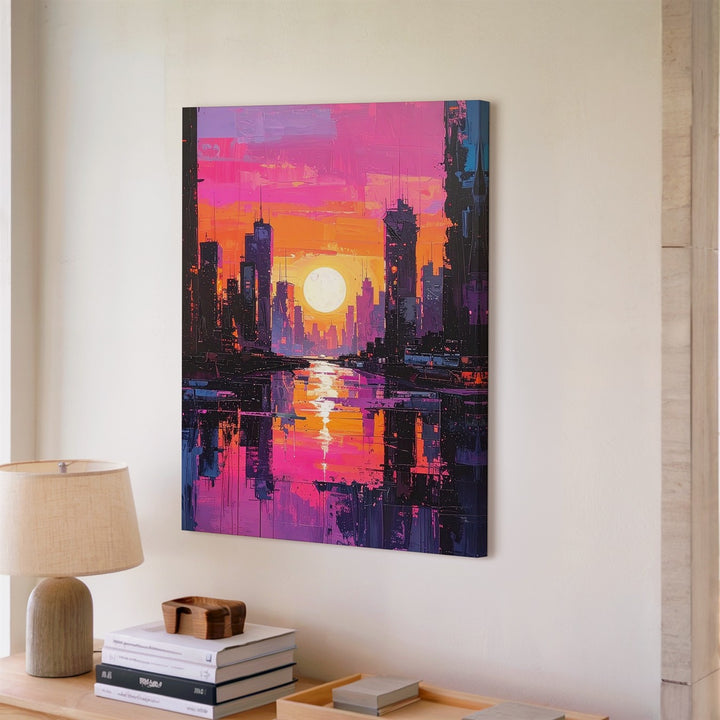 Futuristic Cyberpunk Cityscape Canvas – Neon Skyscrapers at Sunset - Gifitto