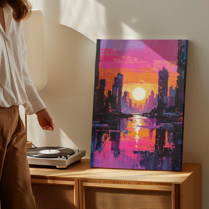 Futuristic Cyberpunk Cityscape Canvas – Neon Skyscrapers at Sunset - Gifitto