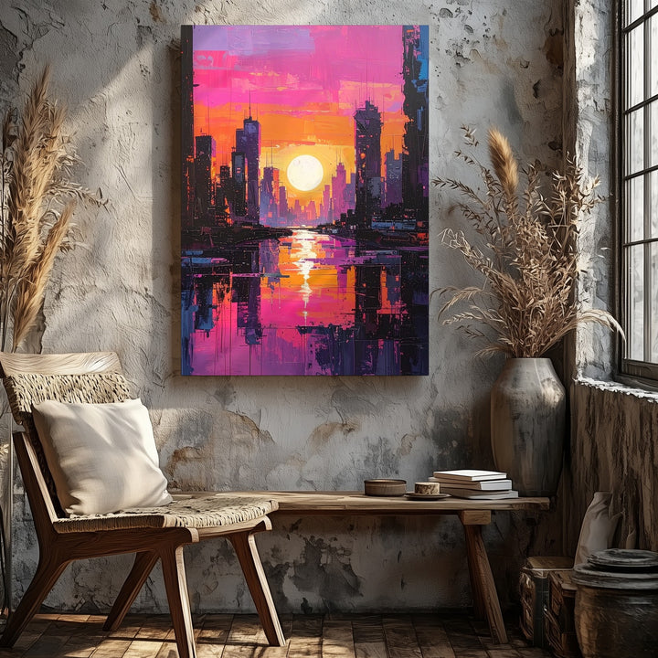 Futuristic Cyberpunk Cityscape Canvas – Neon Skyscrapers at Sunset - Gifitto