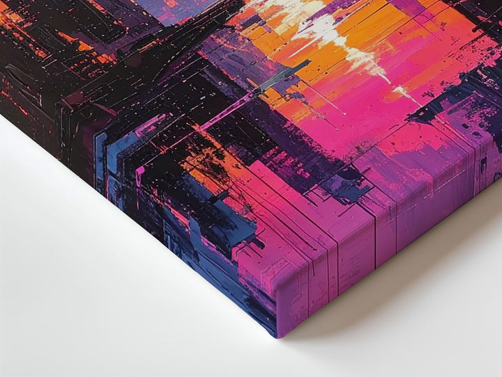 Futuristic Cyberpunk Cityscape Canvas – Neon Skyscrapers at Sunset - Gifitto