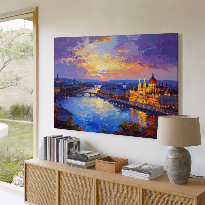 Twilight Reflections Canvas – Romantic European River City at Sunset - Gifitto
