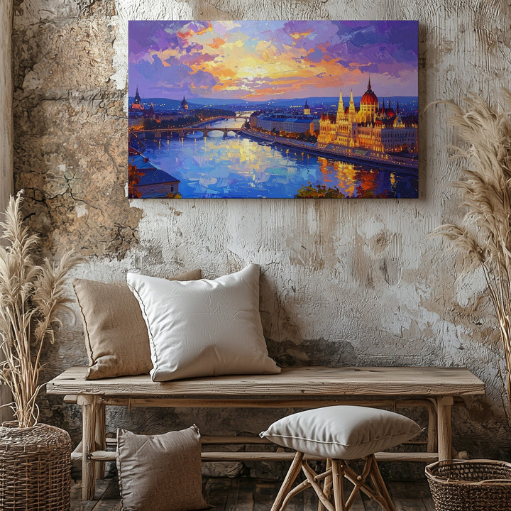 Twilight Reflections Canvas – Romantic European River City at Sunset - Gifitto