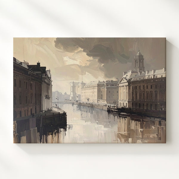 Sepia Silence Cityscape Canvas – Moody European Canal in Mist - Gifitto
