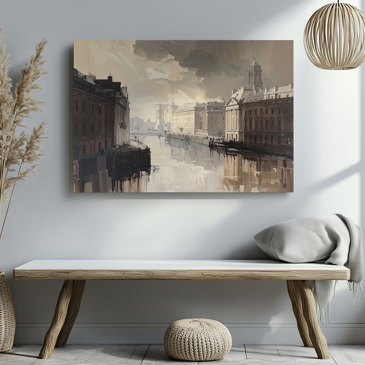 Sepia Silence Cityscape Canvas – Moody European Canal in Mist - Gifitto