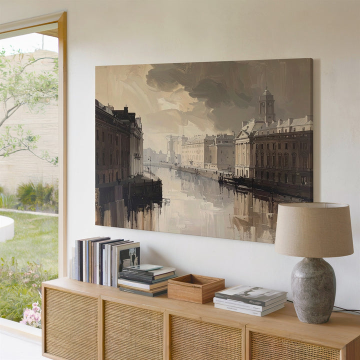 Sepia Silence Cityscape Canvas – Moody European Canal in Mist - Gifitto
