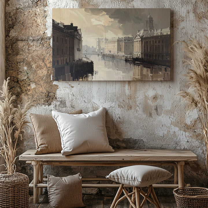 Sepia Silence Cityscape Canvas – Moody European Canal in Mist - Gifitto