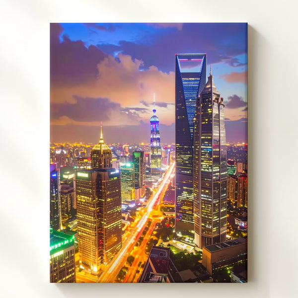 Shanghai Night Cityscape Canvas – Illuminated Skyscrapers and Lively Streets - Gifitto
