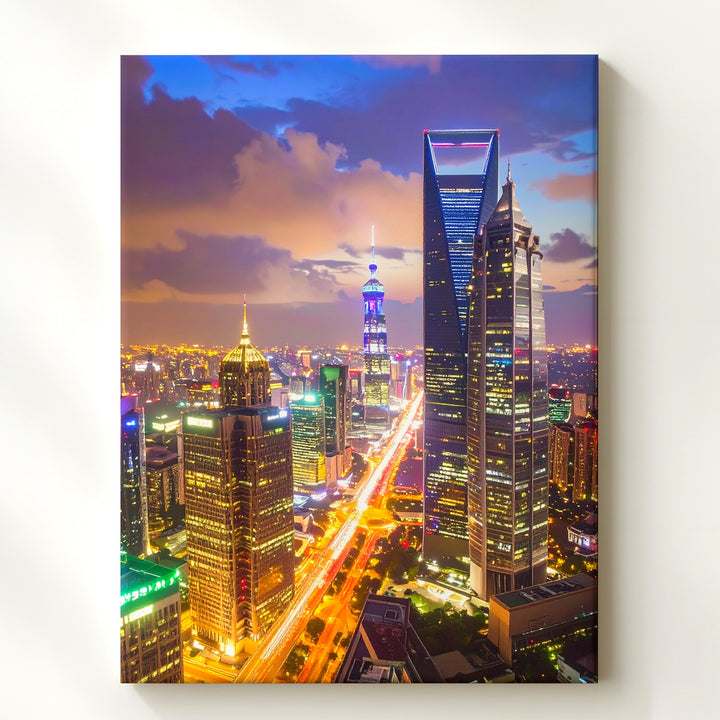 Shanghai Night Cityscape Canvas – Illuminated Skyscrapers and Lively Streets - Gifitto