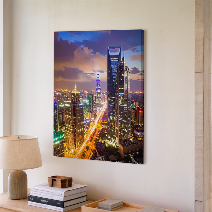 Shanghai Night Cityscape Canvas – Illuminated Skyscrapers and Lively Streets - Gifitto