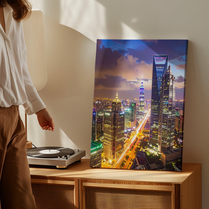 Shanghai Night Cityscape Canvas – Illuminated Skyscrapers and Lively Streets - Gifitto