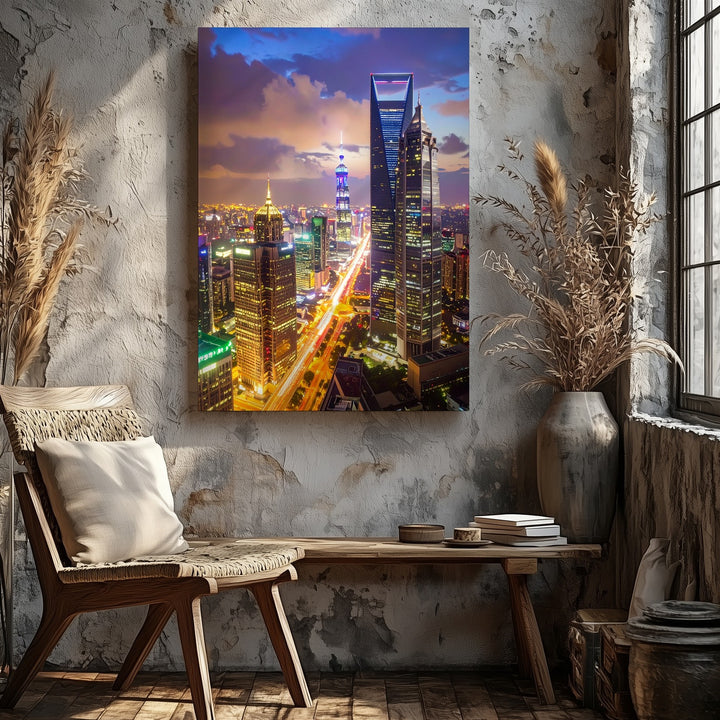 Shanghai Night Cityscape Canvas – Illuminated Skyscrapers and Lively Streets - Gifitto