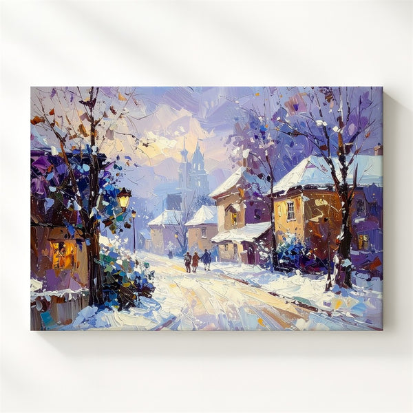 Snowlit Village Evening Canvas – Impressionist Winter Scene with Pastel Hues - Gifitto