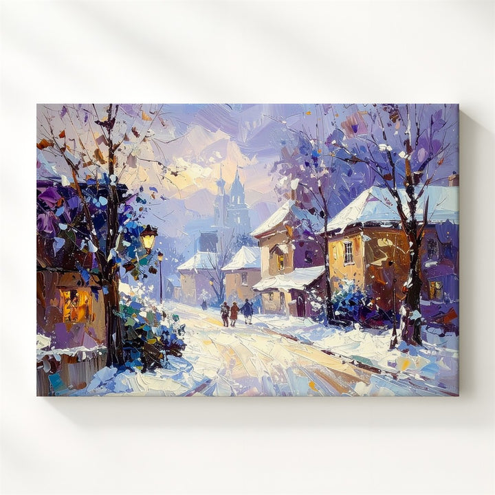 Snowlit Village Evening Canvas – Impressionist Winter Scene with Pastel Hues - Gifitto