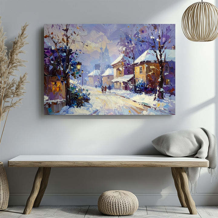 Snowlit Village Evening Canvas – Impressionist Winter Scene with Pastel Hues - Gifitto