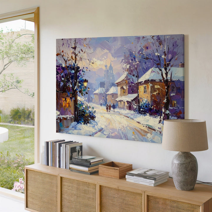 Snowlit Village Evening Canvas – Impressionist Winter Scene with Pastel Hues - Gifitto