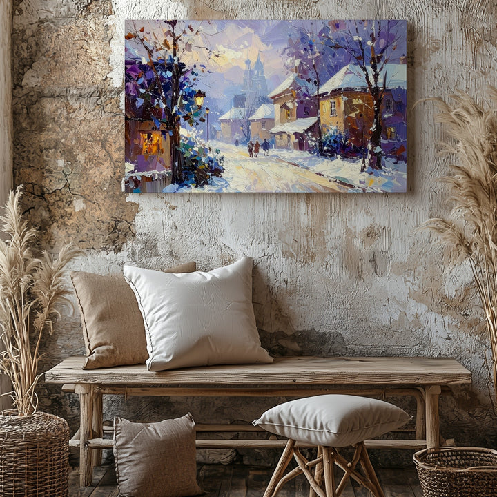 Snowlit Village Evening Canvas – Impressionist Winter Scene with Pastel Hues - Gifitto