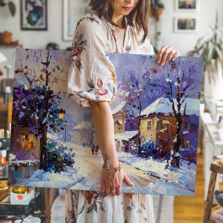 Snowlit Village Evening Canvas – Impressionist Winter Scene with Pastel Hues - Gifitto