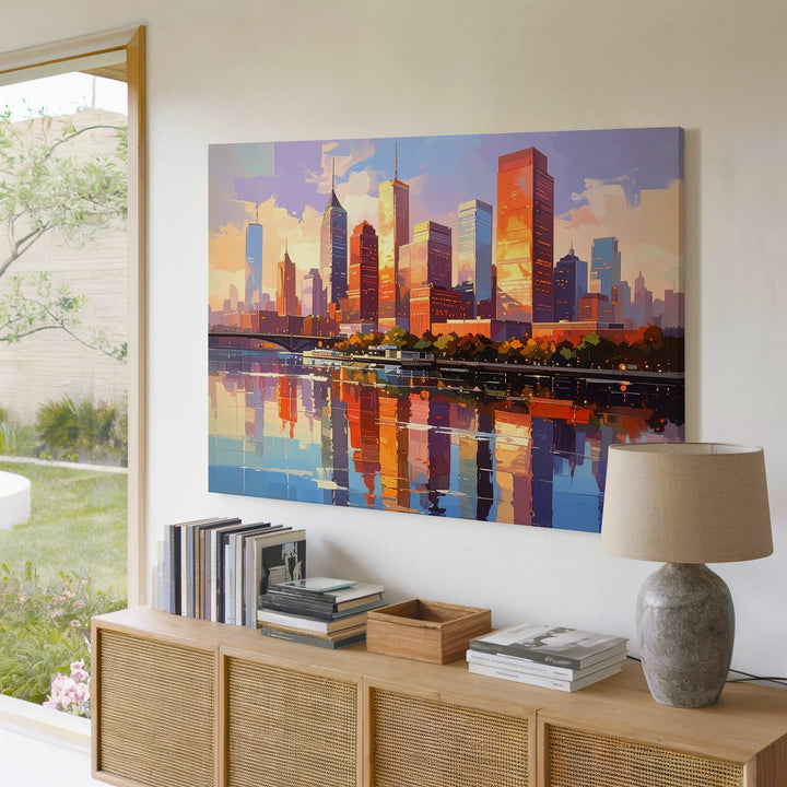 Golden Hour Skyline Canvas – Symmetrical Modern City Reflection Art - Gifitto