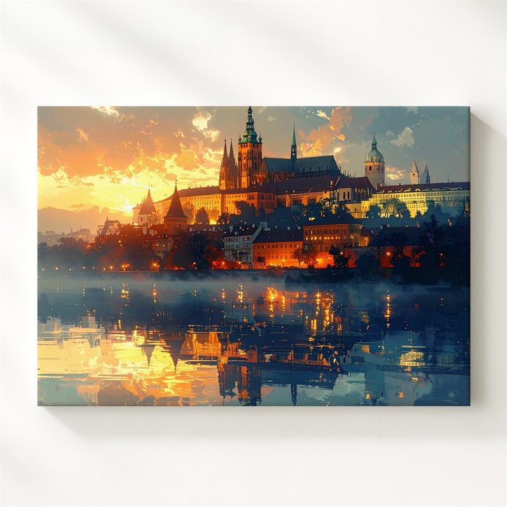 Twilight Castle Reflection Canvas – Romantic European Skyline at Dusk - Gifitto