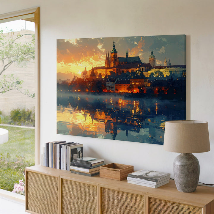 Twilight Castle Reflection Canvas – Romantic European Skyline at Dusk - Gifitto