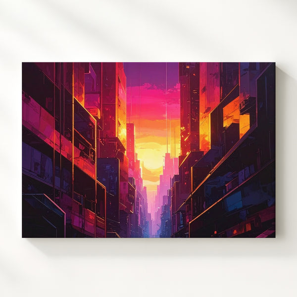Magenta Skyline Core Canvas – Futuristic Urban Canyon with Glowing Light - Gifitto