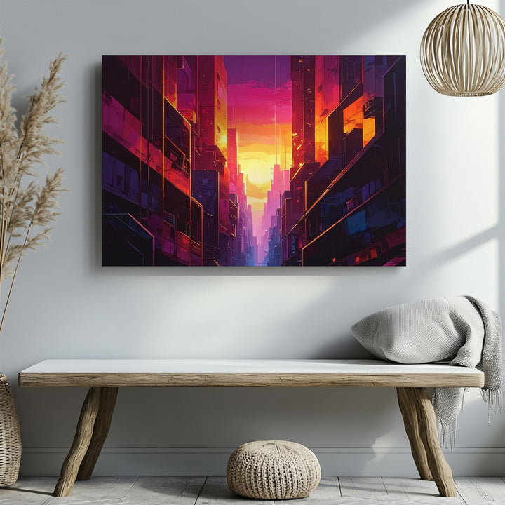 Magenta Skyline Core Canvas – Futuristic Urban Canyon with Glowing Light - Gifitto