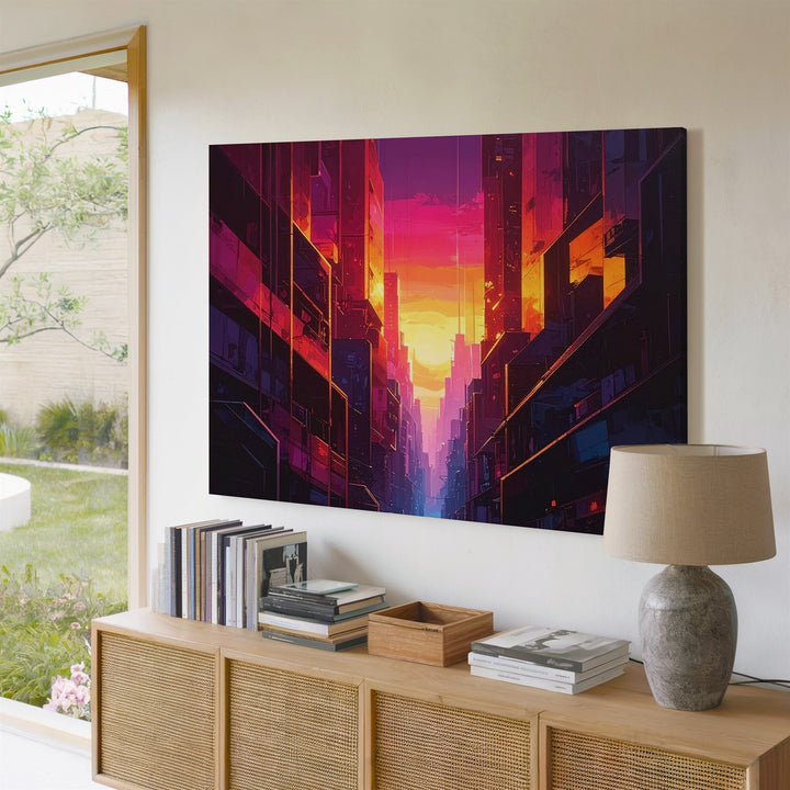 Magenta Skyline Core Canvas – Futuristic Urban Canyon with Glowing Light - Gifitto