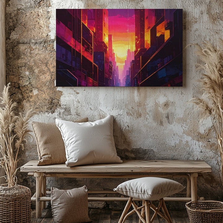 Magenta Skyline Core Canvas – Futuristic Urban Canyon with Glowing Light - Gifitto