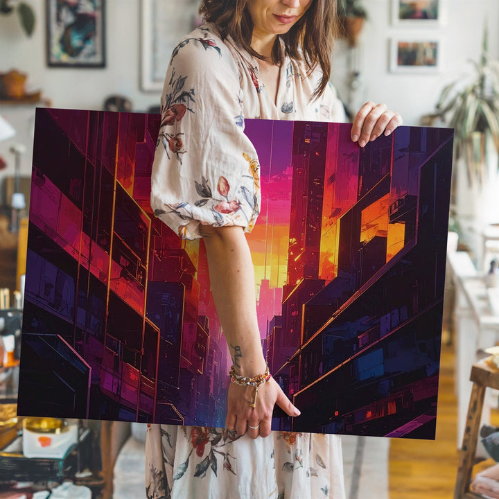 Magenta Skyline Core Canvas – Futuristic Urban Canyon with Glowing Light - Gifitto